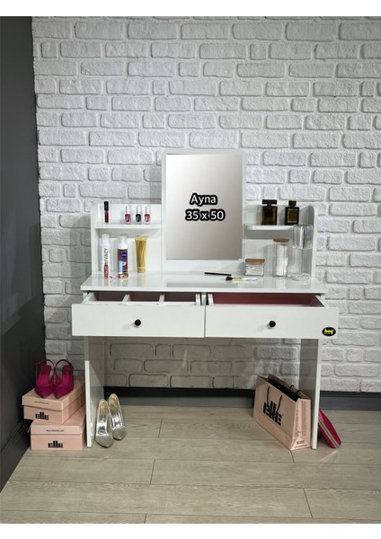 Makyaj Masası Aynalı Tuvalet Masası 2 Çekmeceli Takı Düzenleyici ve Raflı Organizer 104 cm