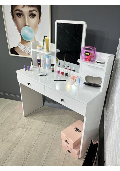 Makyaj Masası Aynalı Tuvalet Masası 2 Çekmeceli Takı Düzenleyici ve Raflı Organizer 104 cm