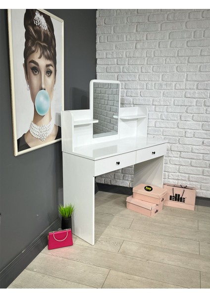 Makyaj Masası Aynalı Tuvalet Masası 2 Çekmeceli Takı Düzenleyici ve Raflı Organizer 104 cm