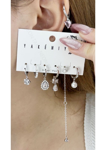 Çoklu, Zirkon Taşlı, Gümüş Pimli, Çelik Küpe 622, Gümüş Renk