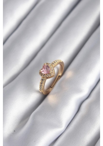 Pirinç Gold Renk Pembe Zirkon Taş Kalp Charm Model Kadın Yüzük