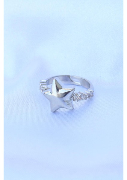 Pirinç Gümüş Renk Ayarlanabilir Zirkon Taşlı Yıldız Yüzük fiyatları
