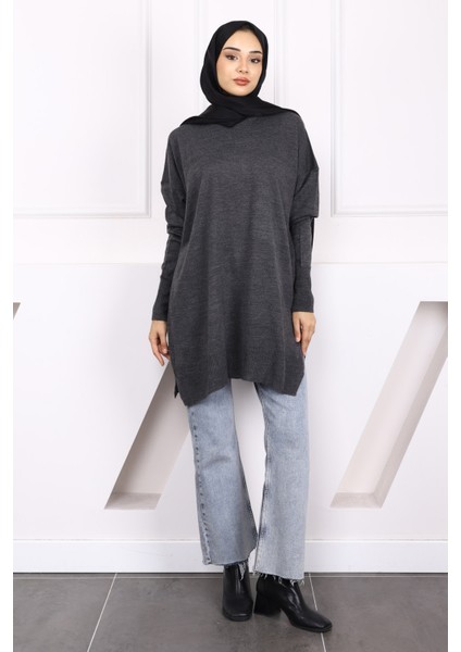 Antrasit Bisiklet Yaka Merserize Salaş Triko Tunik fiyatları