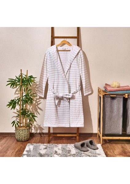 Soft Kapüşonlu Çizgili Erkek Bornoz - Beyaz / Mavi - L / Xl