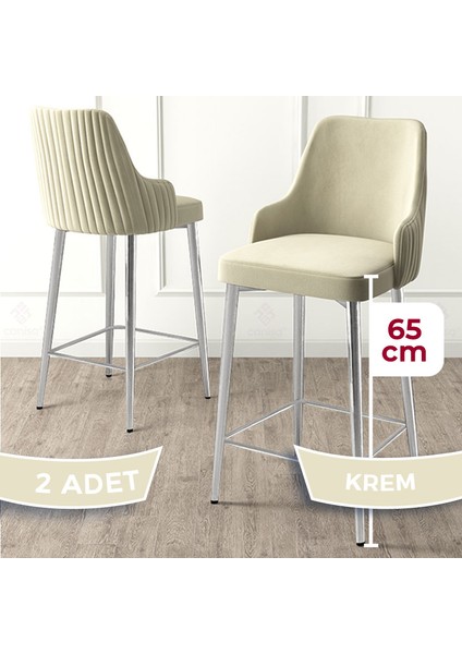 Tera Serisi 2 Adet Krem Babyface Kumaş 65 cm Krom Kaplama Ayaklı Bar Sandalyesi