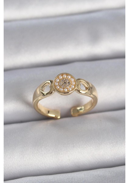 Pirinç Gold Renk Zirkon Taşlı Incili Kalp Işleme Detay Ayarlanabilir Kadın Yüzük