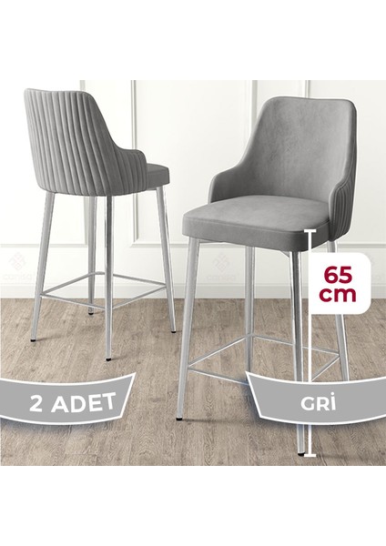 Tera Serisi 2 Adet Gri Babyface Kumaş 65 cm Krom Kaplama Ayaklı Bar Sandalyesi