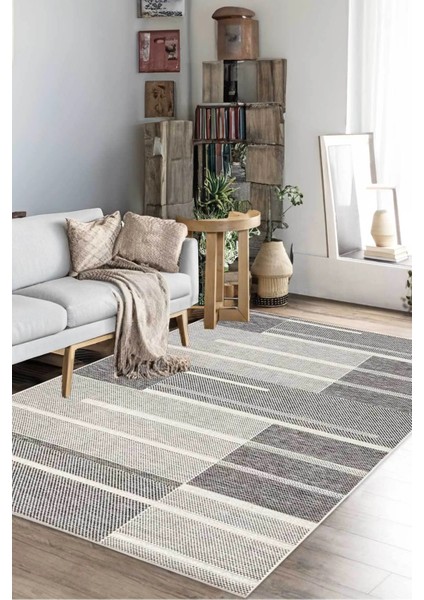 Dijital Kaymaz Yıkanabilir Modern Çizgili Salon Halısı Mutfak Halısı Koridor Halısı Yolluk DC-7203 Gri