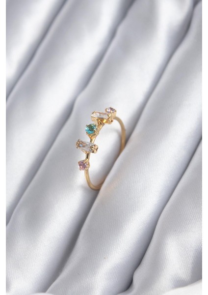 Gold Renk Zirkon Taşlı Renkli Zirkon Taşlı Kadın Yüzük