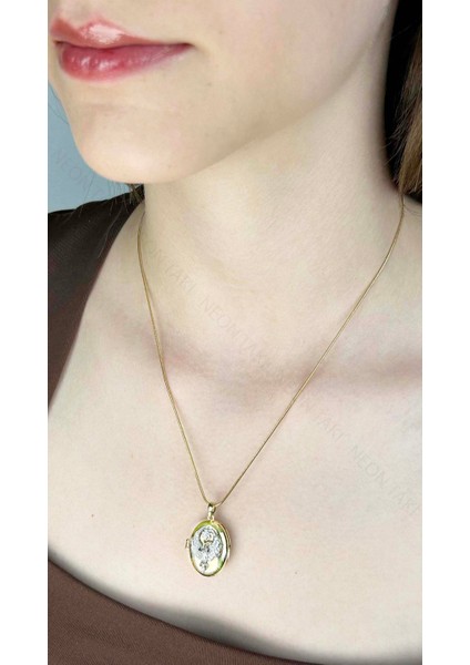 Zirkon Taşlı, Alya, Kapaklı, Paslanmaz Çelik Kolye 424, Altın Renk