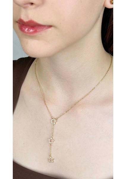 Zirkon Taşlı, Yıldızlı Y Kolye, Paslanmaz Çelik 421, Altın Renk fiyatları