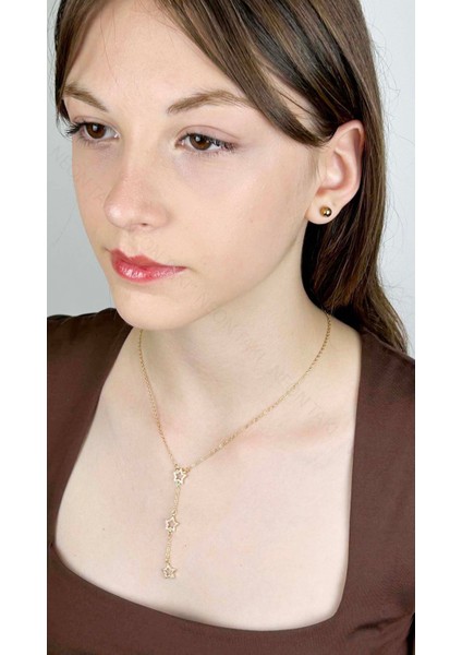 Zirkon Taşlı, Yıldızlı Y Kolye, Paslanmaz Çelik 421, Altın Renk modelleri