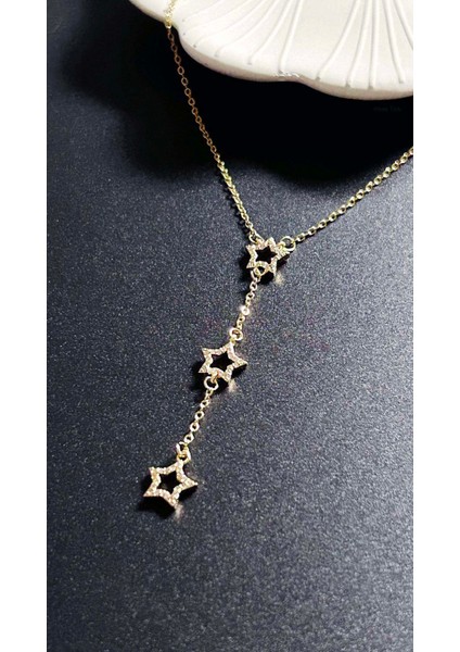 Zirkon Taşlı, Yıldızlı Y Kolye, Paslanmaz Çelik 421, Altın Renk fırsatları