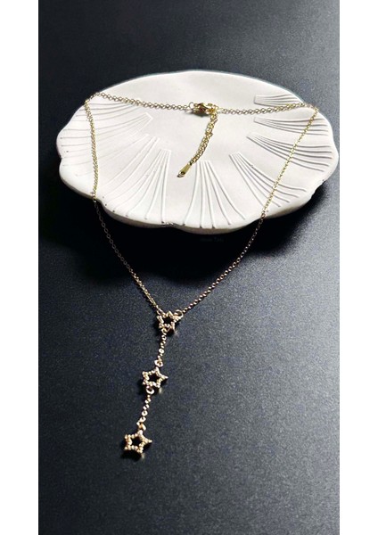 Zirkon Taşlı, Yıldızlı Y Kolye, Paslanmaz Çelik 421, Altın Renk indirimleri