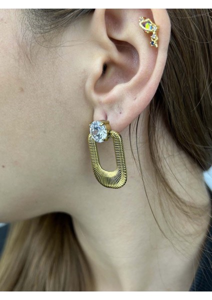 Zirkon Taşlı, Paslanmaz Çelik Küpe 266, Altın Renk