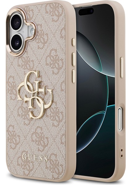 iPhone 17 Kılıf Guess Lisanslı Gold Metal Kamera Çerçeveli Metal Büyük 4g Yazı Logolu Kapak Pembe