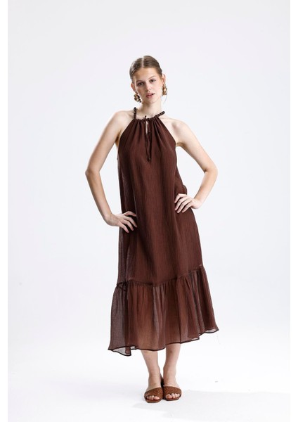 Askılı Boncuklu Kolsuz Elbise - Kahve