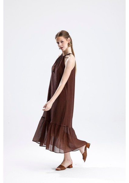 Askılı Boncuklu Kolsuz Elbise - Kahve modelleri