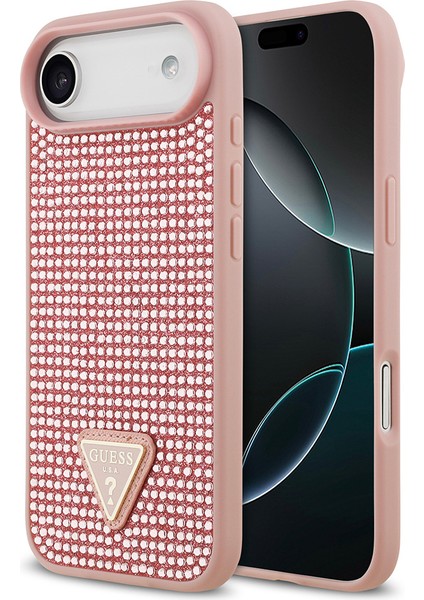 iPhone 17 Air Uyumlu Kılıf Guess Orjinal Lisanslı Taşlı Arka Yüzey Üçgen Logolu Kapak Pembe