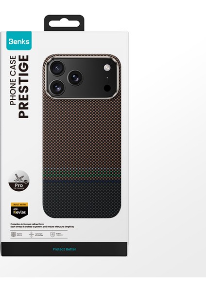 iPhone 17 Pro Max Uyumlu Kılıf M-Safe Şarjlı Karbon Fiber Benks Prestige Armorpro Kevlar Kapak Gold