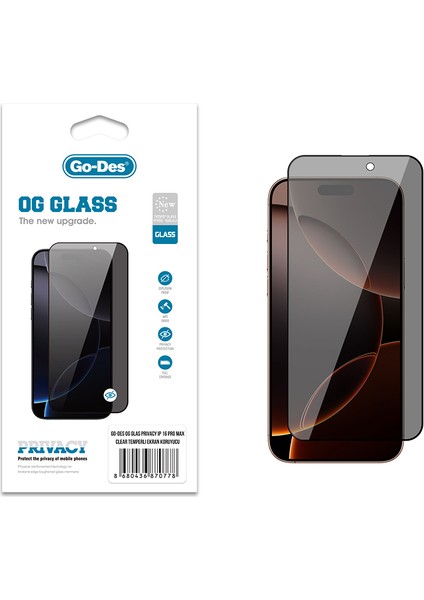 iPhone 16 Pro Max Uyumlu Go Des Og Glass Privacy Antistatik Temperli Cam Ekran Koruyucu Siyah