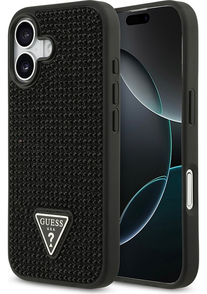 iPhone 17 Uyumlu Kılıf Guess Orjinal Lisanslı Taşlı Arka Yüzey Üçgen Logolu Kapak Siyah