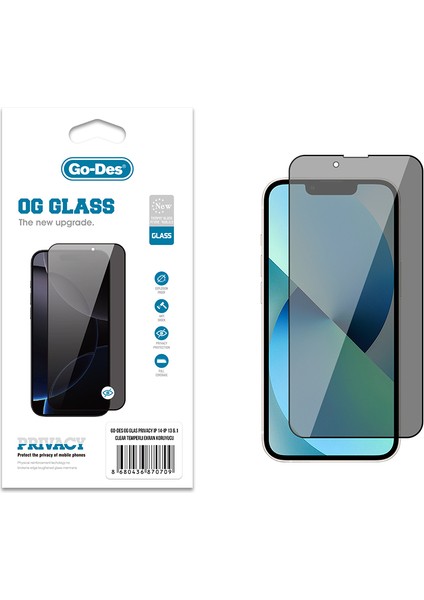 iPhone 13 Uyumlu Go Des Og Glass Privacy Antistatik Temperli Cam Ekran Koruyucu Siyah