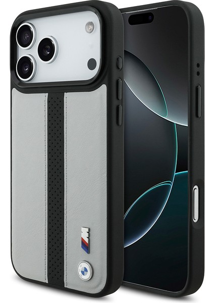 iPhone 17 Pro Uyumlu Kılıf Bmw Lisanslı M-Safe Şarjlı Deri Metal Logolu Delikli Şerit Kapak Gri