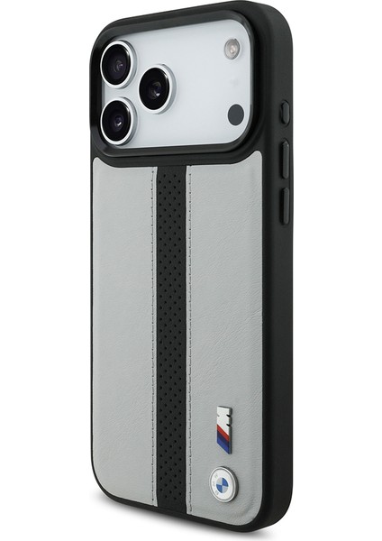 iPhone 17 Pro Uyumlu Kılıf Bmw Lisanslı M-Safe Şarjlı Deri Metal Logolu Delikli Şerit Kapak Gri fiyatları