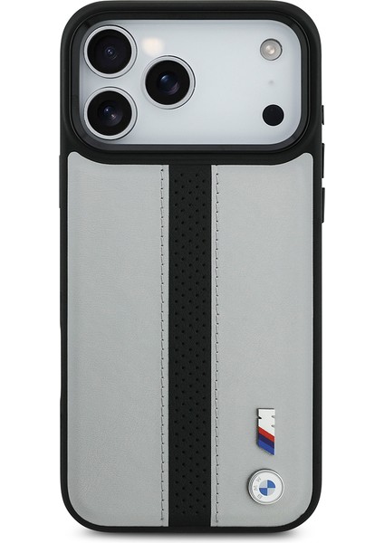 iPhone 17 Pro Uyumlu Kılıf Bmw Lisanslı M-Safe Şarjlı Deri Metal Logolu Delikli Şerit Kapak Gri modelleri