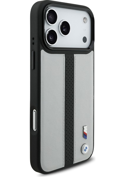 iPhone 17 Pro Uyumlu Kılıf Bmw Lisanslı M-Safe Şarjlı Deri Metal Logolu Delikli Şerit Kapak Gri indirimleri