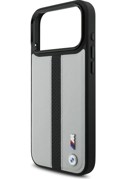 iPhone 17 Pro Uyumlu Kılıf Bmw Lisanslı M-Safe Şarjlı Deri Metal Logolu Delikli Şerit Kapak Gri