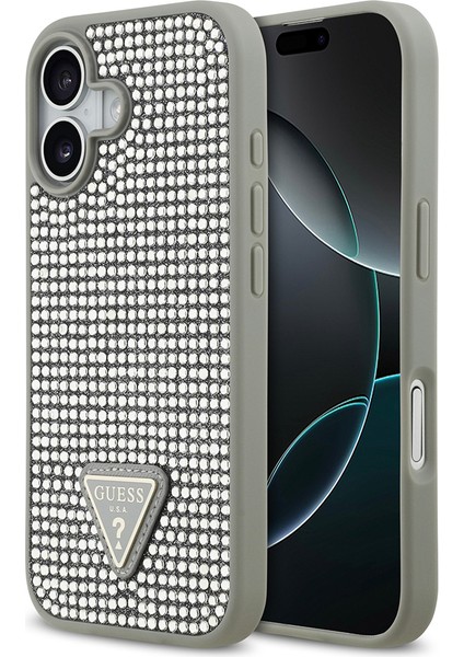iPhone 17 Uyumlu Kılıf Guess Orjinal Lisanslı Taşlı Arka Yüzey Üçgen Logolu Kapak Gümüş