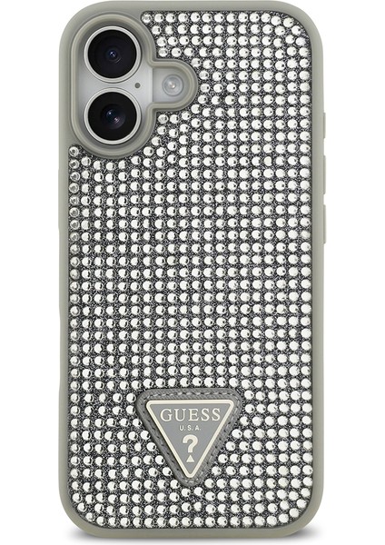 iPhone 17 Uyumlu Kılıf Guess Orjinal Lisanslı Taşlı Arka Yüzey Üçgen Logolu Kapak Gümüş modelleri