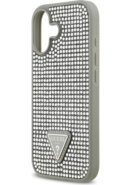 iPhone 17 Uyumlu Kılıf Guess Orjinal Lisanslı Taşlı Arka Yüzey Üçgen Logolu Kapak Gümüş