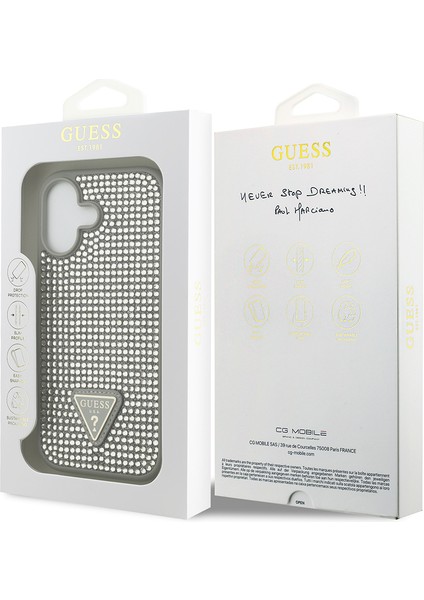 iPhone 17 Uyumlu Kılıf Guess Orjinal Lisanslı Taşlı Arka Yüzey Üçgen Logolu Kapak Gümüş