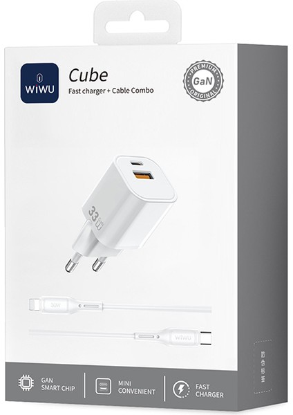 WI-G018 Cube Serisi Type-C To Lightning Gan Tech Pd Hızlı Şarj Kablolu Şarj Seti 33W Beyaz indirimleri