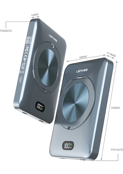 PW0007D 5000MAH 15W Wireless Powerbank Pd 20W Dijital LED Ekranlı Yüzük Standlı Füme modelleri