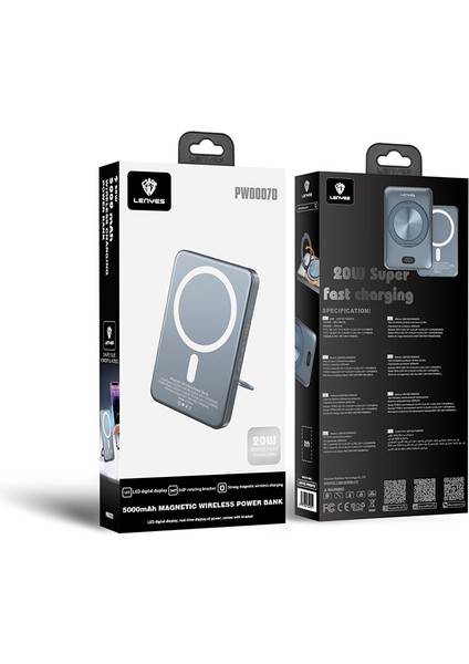 PW0007D 5000MAH 15W Wireless Powerbank Pd 20W Dijital LED Ekranlı Yüzük Standlı Füme