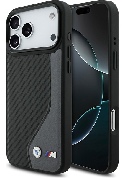 iPhone 17 Pro Max Uyumlu Kılıf Bmw Lisanslı M-Safe Şarj Metal Bmw ve M Logolu Pu Karbon Kapak Siyah