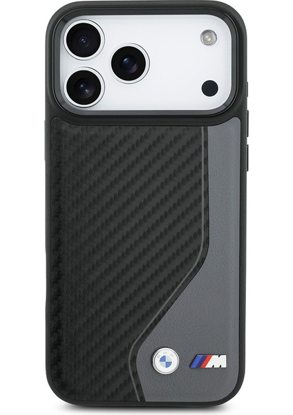 iPhone 17 Pro Max Uyumlu Kılıf Bmw Lisanslı M-Safe Şarj Metal Bmw ve M Logolu Pu Karbon Kapak Siyah modelleri