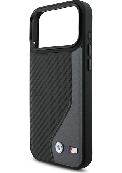 iPhone 17 Pro Max Uyumlu Kılıf Bmw Lisanslı M-Safe Şarj Metal Bmw ve M Logolu Pu Karbon Kapak Siyah