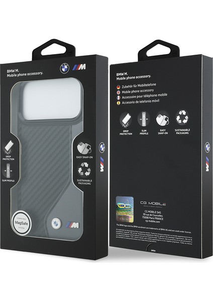 iPhone 17 Pro Max Uyumlu Kılıf Bmw Lisanslı M-Safe Şarj Metal Bmw ve M Logolu Pu Karbon Kapak Siyah