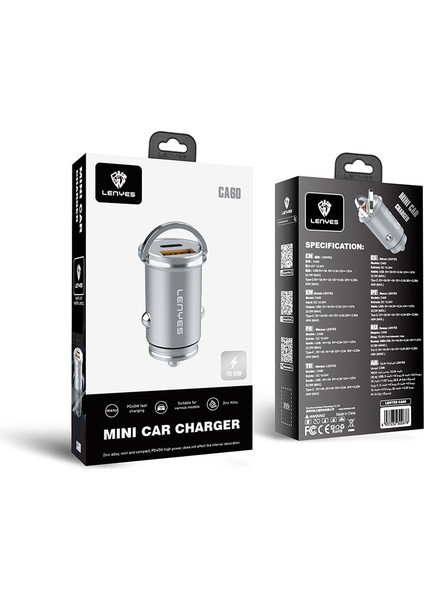 CA60 Mini Araç Şarj Aleti Hızlı Şarj Özellikli Dual Type-C + Usb-A Portlu Pd 45W Gümüş