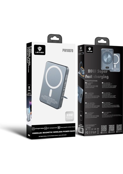 PW1007D 20W Dijital LED Ekranlı Yüzük Standlı Wireless Powerbank 15W 10000MAH Füme