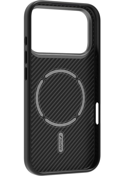 iPhone 17 Pro Max Kılıf M-Safe Şarjlı 600D Metal Kamera Çerçeveli Raptic Aramid Fiber Serisi Siyah modelleri