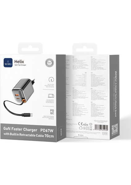 WI-G020 Helix Serisi Gan Teknolojili Usb-A To Type-C Pd 65W Type-C Kablolu Şarj Seti Siyah modelleri