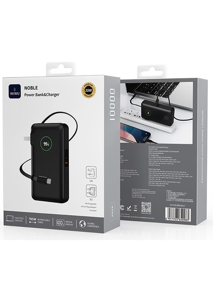 WI-P049 Noble Serisi Type-C Kablolu Dijital LED Göstergeli Powerbank Pd 35W 10000MAH Siyah fırsatları