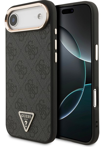 iPhone 17 Air Kılıf Guess Lisanslı M-Safe Şarjlı Gold Metal Kamera Çerçeveli Taşlı Üçgen Logo Siyah
