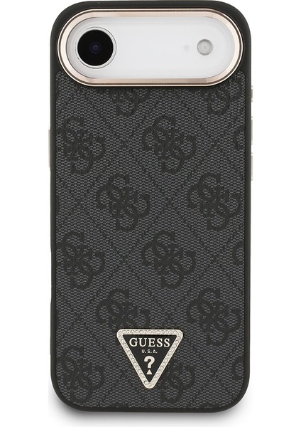 iPhone 17 Air Kılıf Guess Lisanslı M-Safe Şarjlı Gold Metal Kamera Çerçeveli Taşlı Üçgen Logo Siyah modelleri